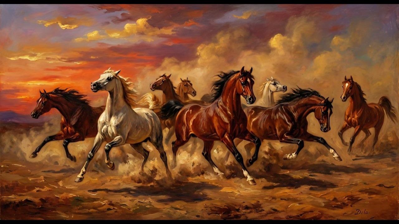 Galloping Arabian Horses Oil Painting 8K | Majestic Desert Sunset Art Screensaver (Silent)