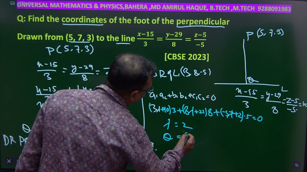 Find  coordinate of thefoot of the perpendicular draw from (5,7,3 to the line x-15/3=y-29/8=z-5/-5