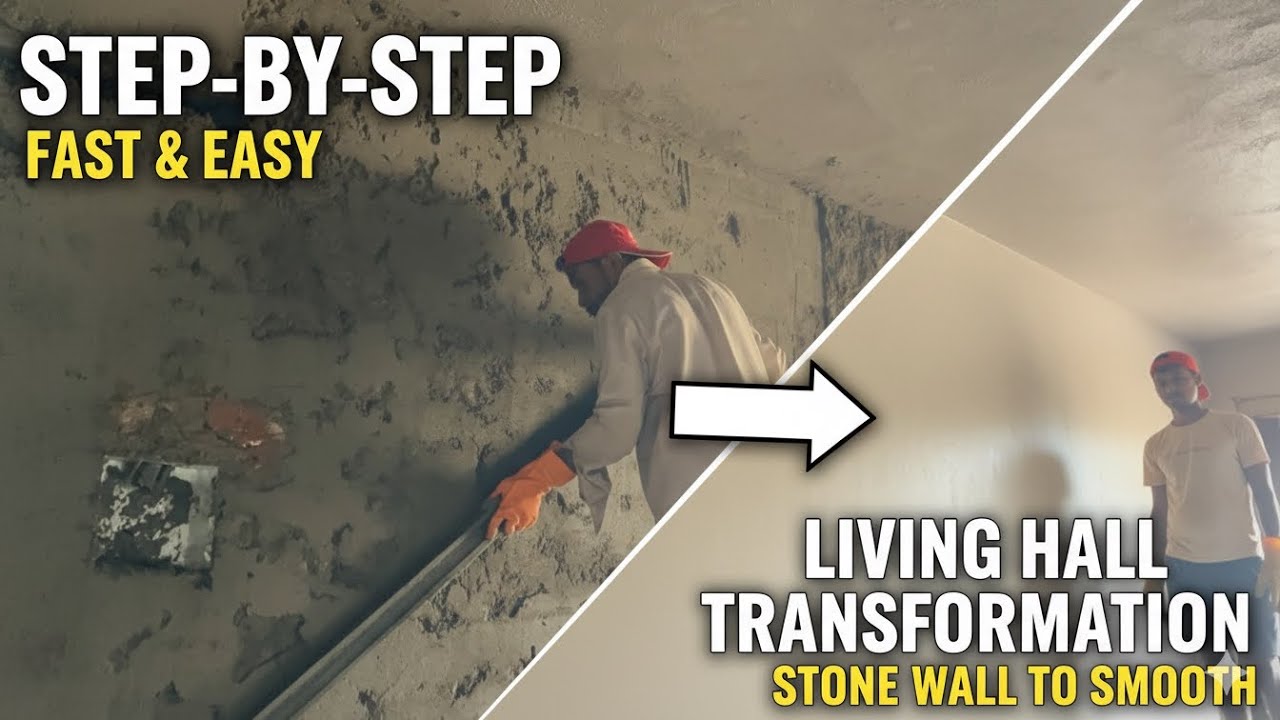 Step-by-Step Living Hall Plastering (6x3m) - Fast & Easy Method for Stone Block Walls