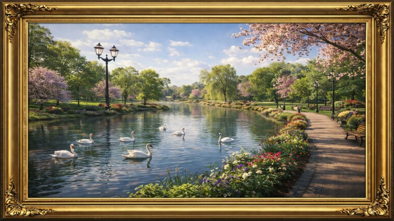 Spring Park Lake with Swans 🌸🦢 | Elegant Nature Scene | 4K UHD Wall Art