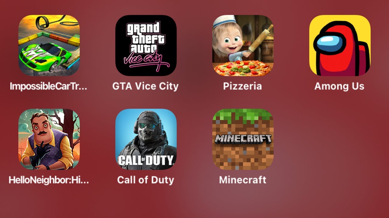 Impossible Car Track 3d,GTA Vice City,Masha and the Bear,Among Us,Call of Duty Mobile,MineCraft