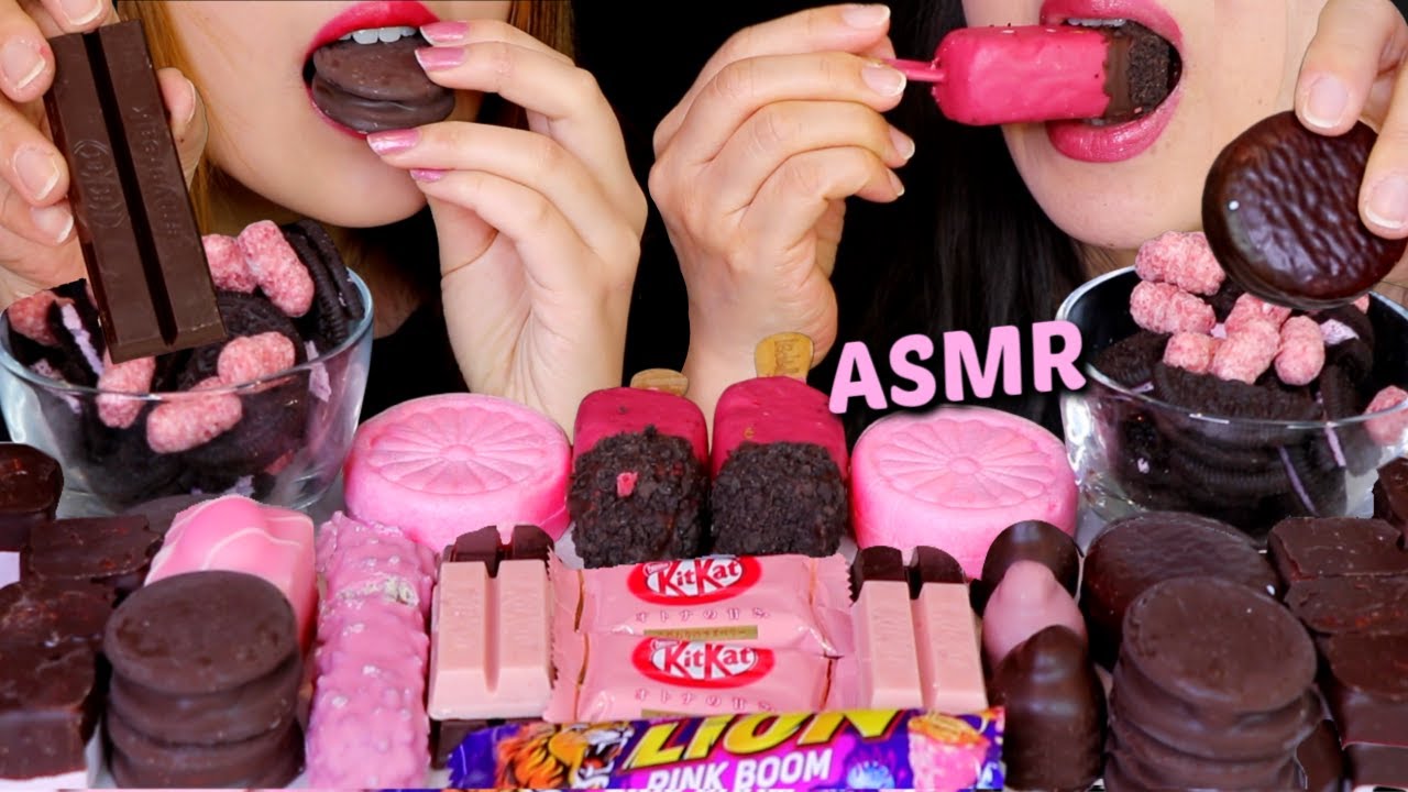 ASMR CHOCOLATE STRAWBERRY CAKE BAR, DARK CHOCOLATE OREO, MARSHMALLOWS, KITKATS, PINK MONAKA, BACI 먹방