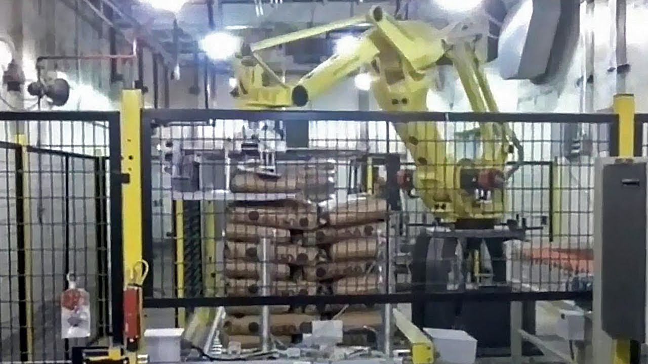 High-Speed Robotic Palletizer Stacks 50 lb. Bags Filled with Sugar