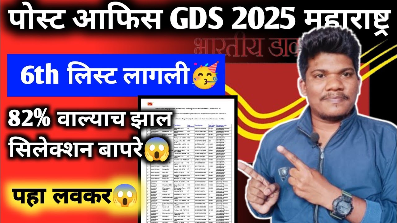 पोस्ट ऑफिस GDS 6th लिस्ट लागली🥳 82% झाल सिलेक्शन 30 Jully | post office gds 6th list Result 