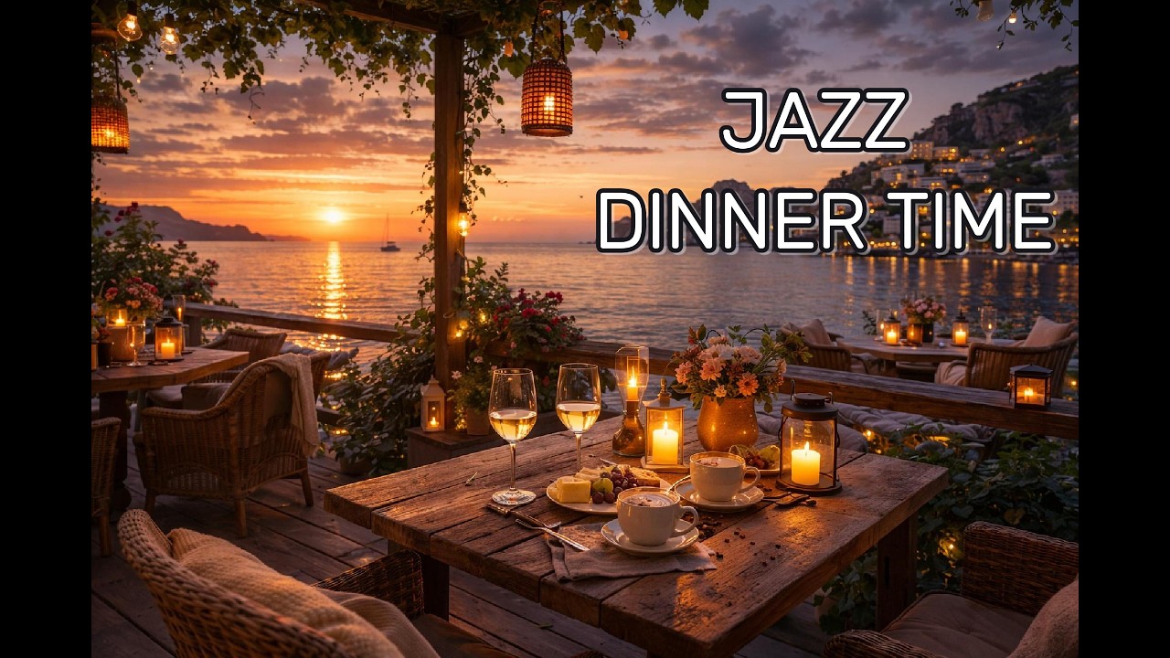 Sunset Seaside Café Ambience 🌅 Ocean View & Candlelight Relaxation Sounds (4K) 🌅 JAZZ DINNER TIME