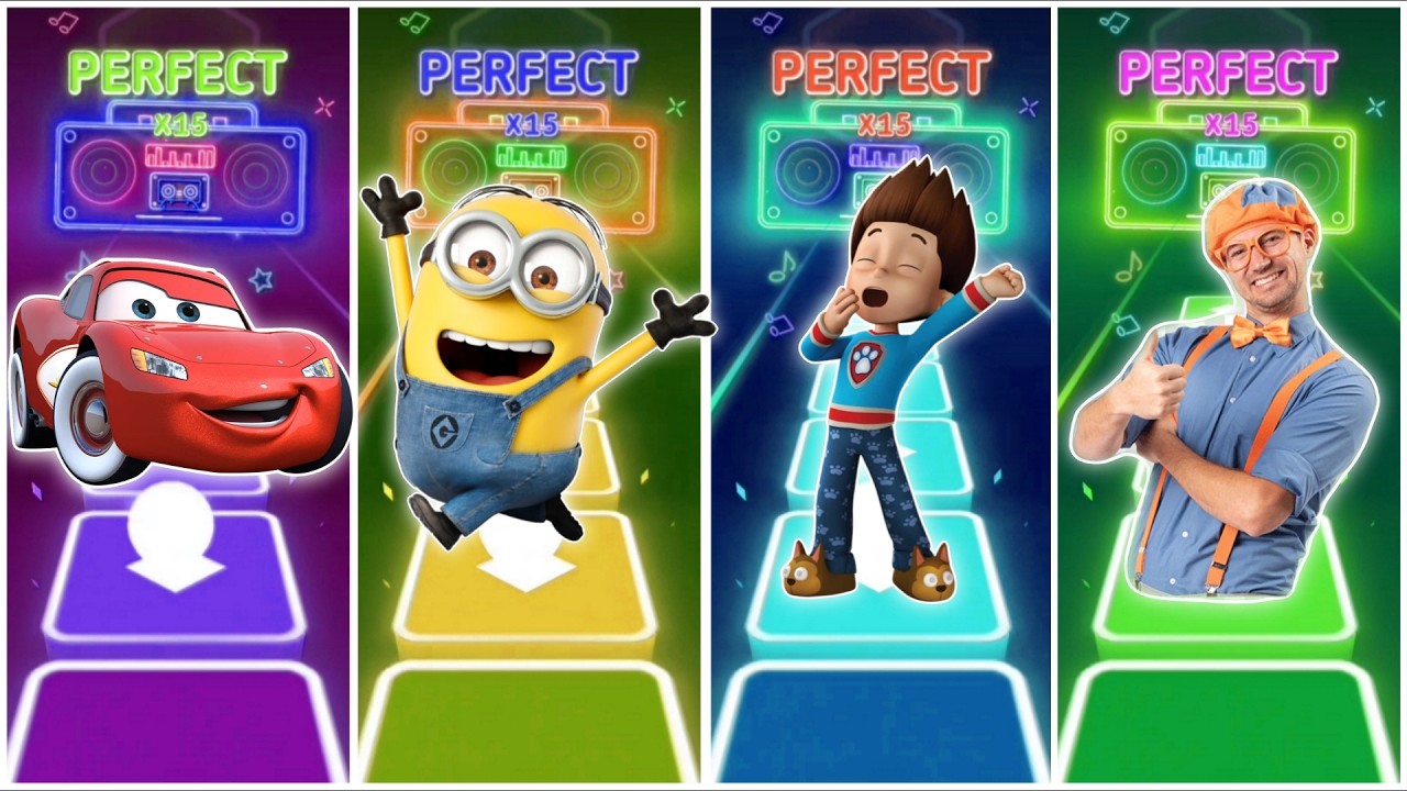 Lightning McQueen vs Minions vs Paw Patrol Ryder vs Blippi in Tiles Hop EDM Rush🎶