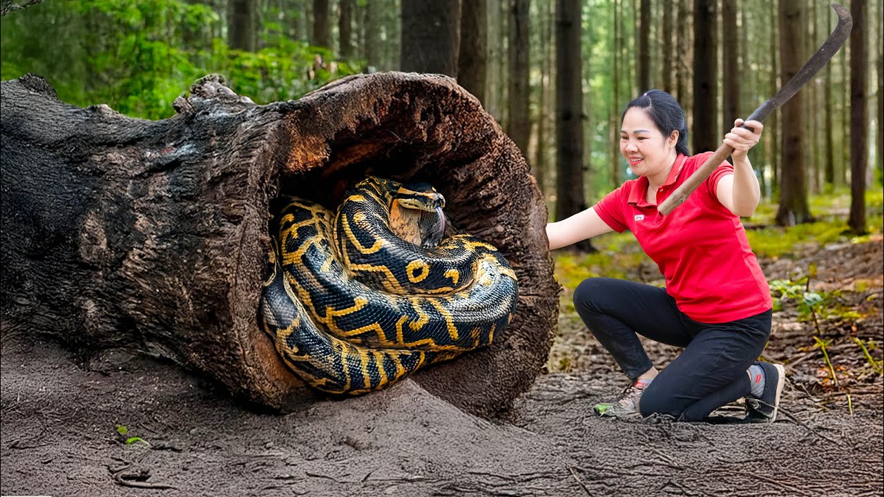 Harvesting Giant Forest Python & Goes to Market Sell | giant python lurking in the crevices of rock