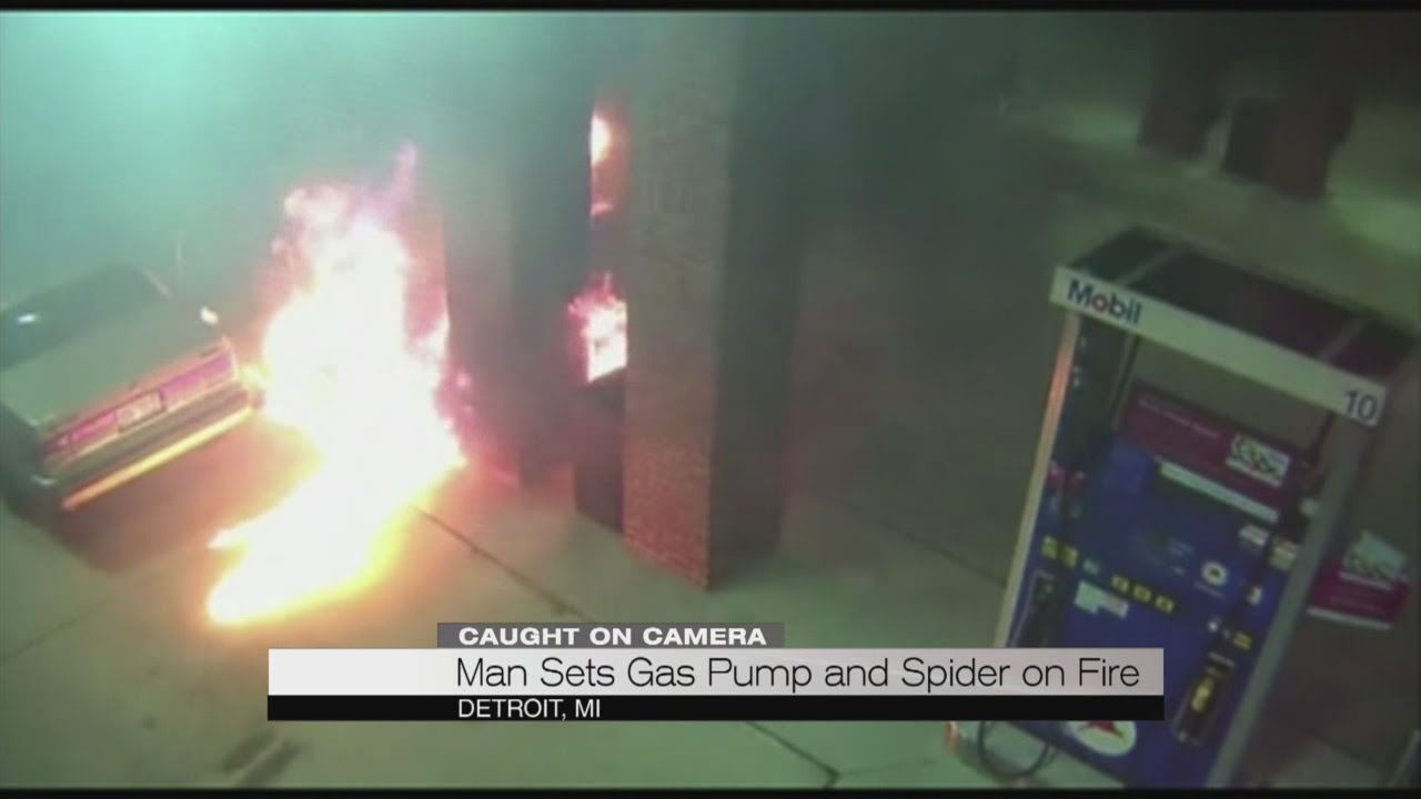 Man sets spider and gas pump on fire!