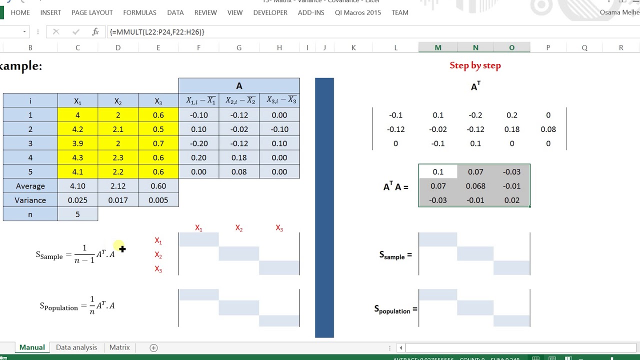 Variance Covariance  Matrix using Excel الحسابات اليدوية لمصفوفة التباين والتغايير باستخدام اكسل