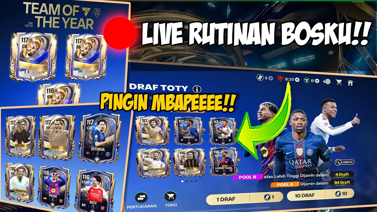 LIVE!! GACHA PINGIN MBAPPE UTOTY, REVIEW AKUN, MABAR &PUSH RANK EVENT TOTY FC MOBILE || SAWERIA ON