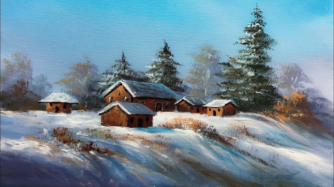 Snowy Winter Village Scenery Painting | Acrylic Painting Tutorial