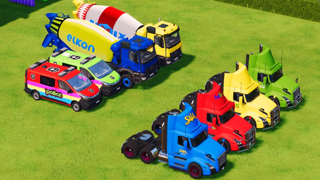 FS22: LONG TRUCK DRIVING THROUGH OBSTACLES – CEMENT MIXER & POLICE VAN DELIVERY