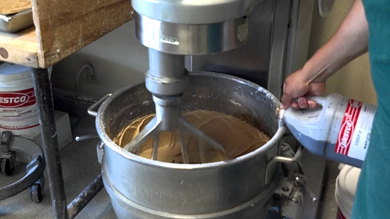 Making maple icing for donuts using a Hobart H-600 T commercial mixer