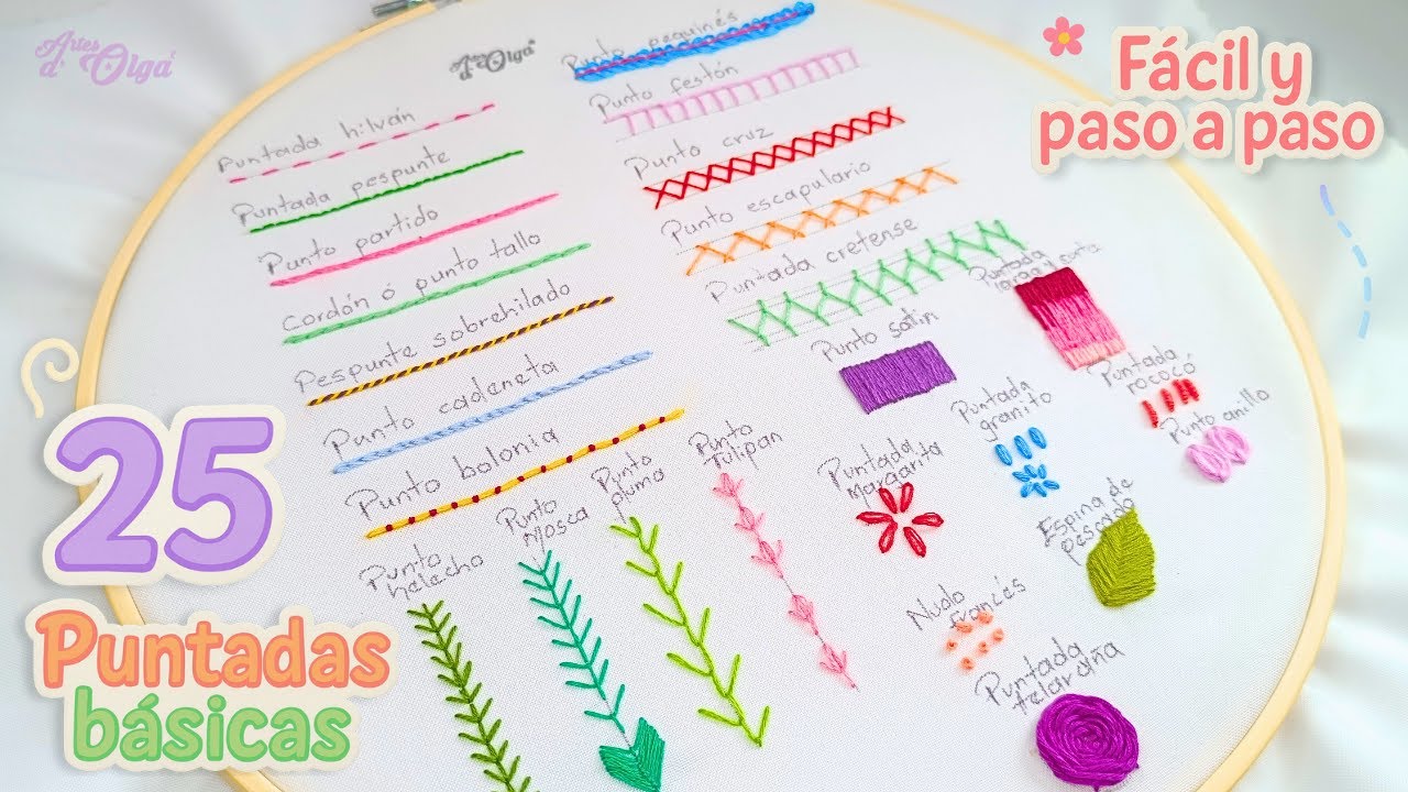 25 Puntadas B&aacute;sicas de Bordado a Mano | Paso a Paso Muy F&Aacute;CIL| Artesd'Olga