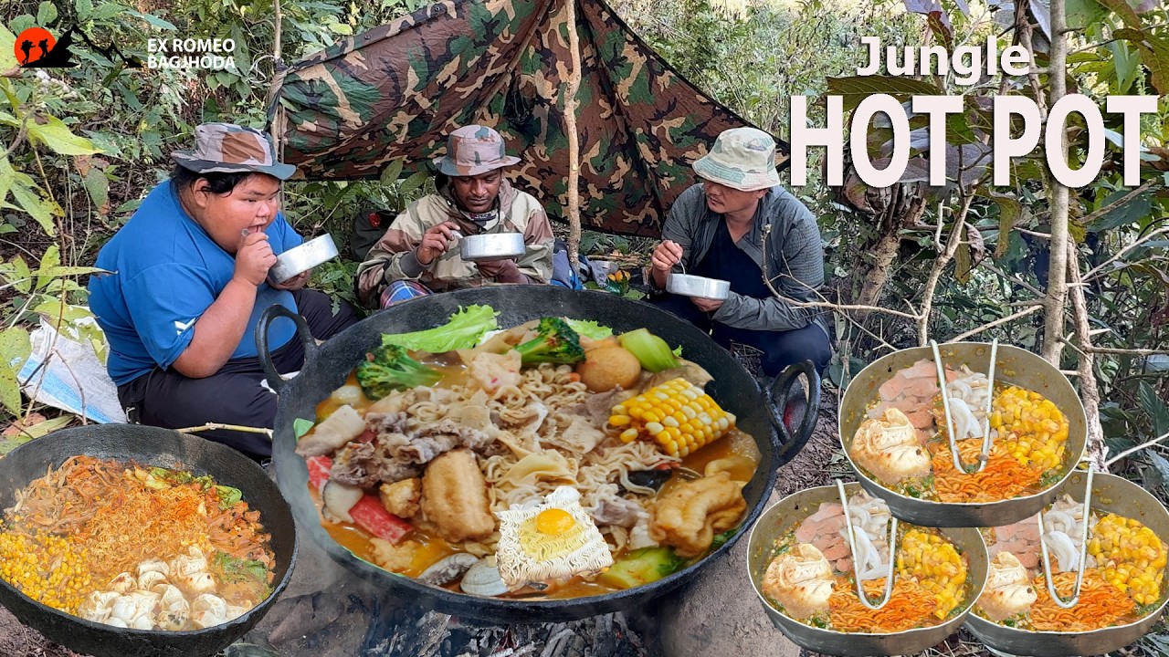 Chinese Hot Pot Making at Jungle Hot Pot Cooking and Eating in the Outdoor Jungle Wildness Cooking