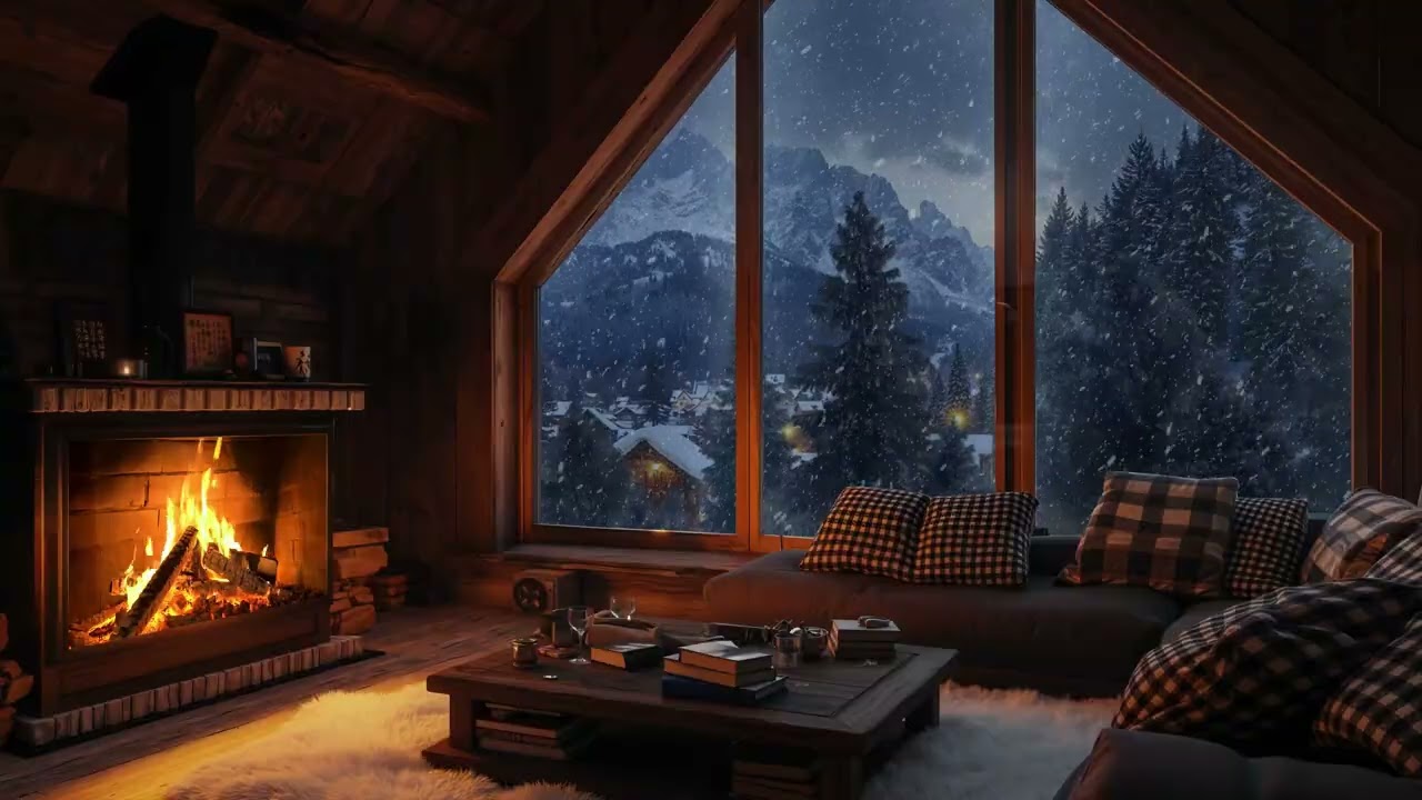 Snowy Cabin Calm (No Ads) | Fireplace Crackling & Winter Winds for Relaxation