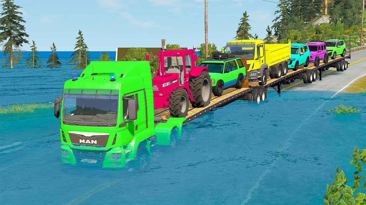 Flatbed Truck McQueen | Transportation with Truck - Pothole vs Car #11 | BeamNG.Drive Gameplay