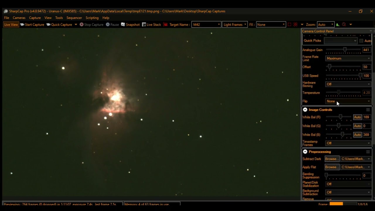 Electronically assisted astronomy (EAA) of the Orion Nebula! Uranus-C camera and Sharpcap