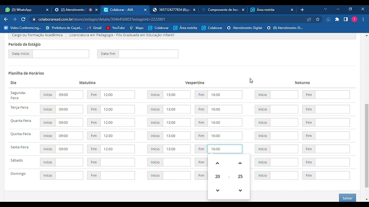 Cadastro Horário estágios