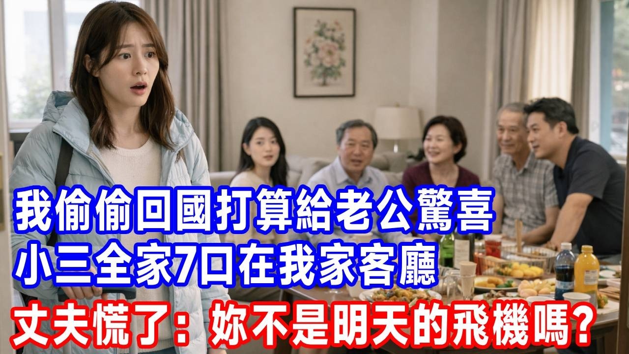 我提前結束瑞士行程，偷偷回國打算給老公驚喜，小三全家7口在我家客廳，丈夫慌了：妳不是明天的飛機嗎？