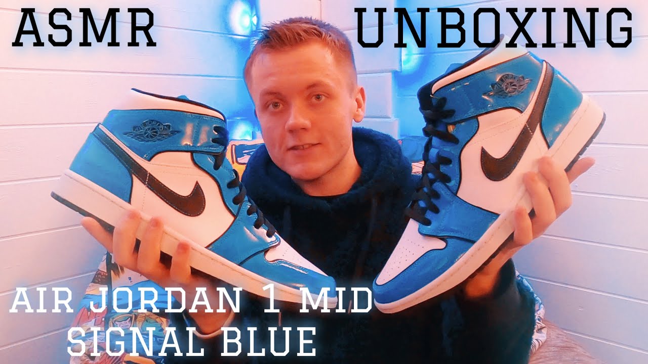 ASMR Shoes | Air Jordan 1 Mid SIGNAL BLUE | Unboxing, Tapping, Scratching *relaxing whispers*