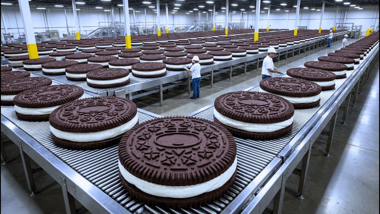 Inside a gigantic filled cookie factory – showing how millions of cookies are produced daily