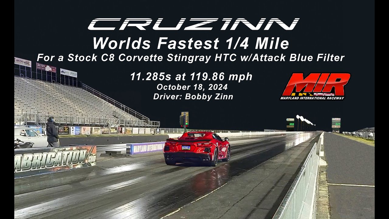 Quickest 1/4 mile Stock C8 Corvette Stingray HTC at 11.285s with only an Attack Blue filter mod.