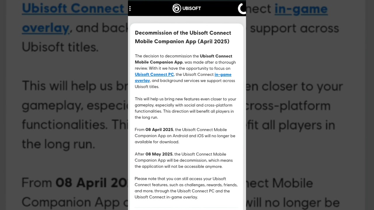 Requiescat in Pace Ubisoft Connect Mobile Companion App
