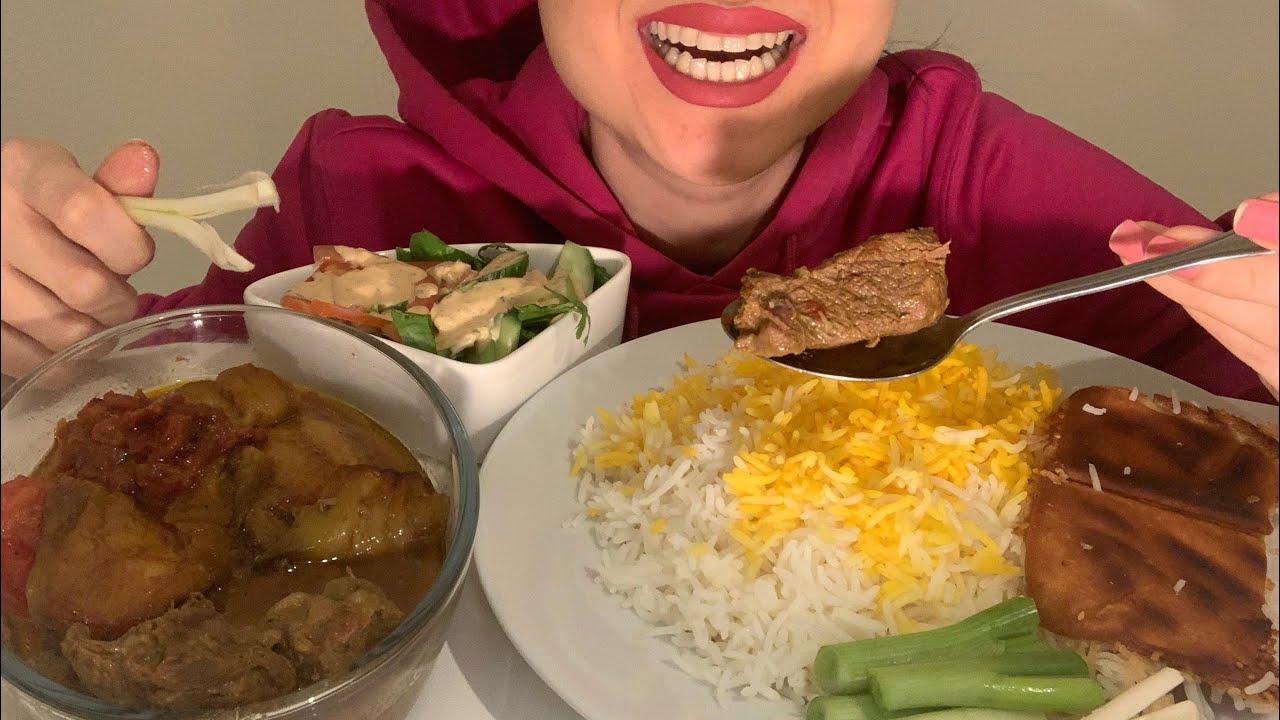Asmr eating khorake bademjan (Persian Eggplant Stew with Beef)|موکبانگ خوراک گوشت و بادمجون با سالاد