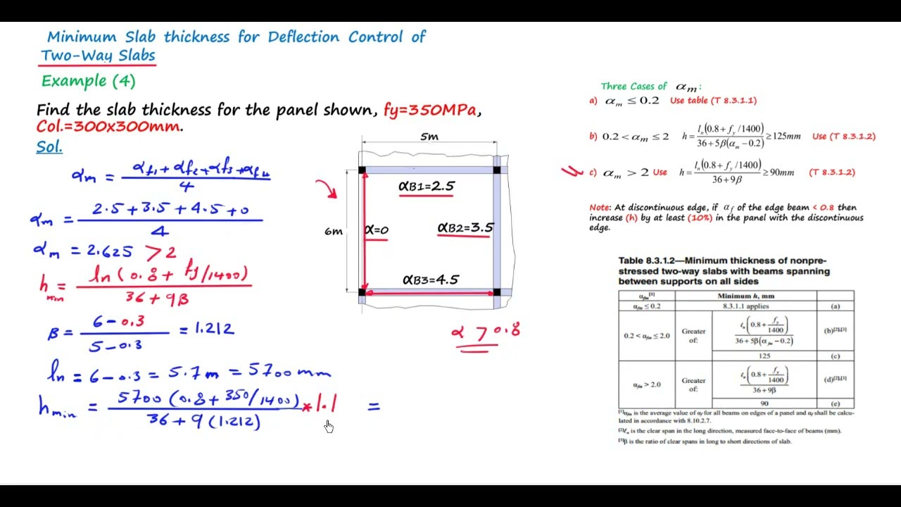 7 - مثال (4 ,5) حساب سمك البلاطات باتجاهين  Example(4, 5)- Thickness of Two way Slabs