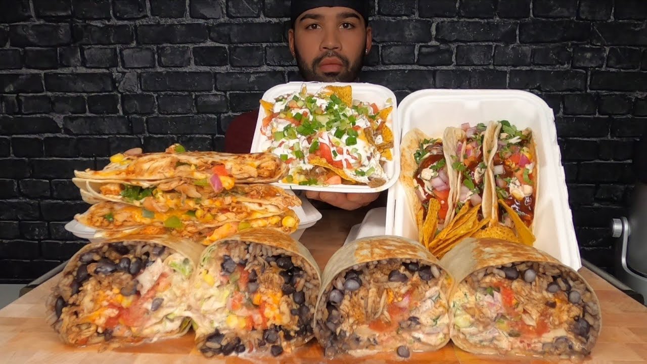 (ASMR NO TALKING) BURRITOS, TACOS, NACHOS, AND QUESADILLA MUKBANG