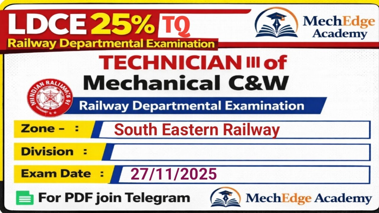 LDCE 25% TQ Technician lll of Mechanical C&W SER exam date 27/11/25