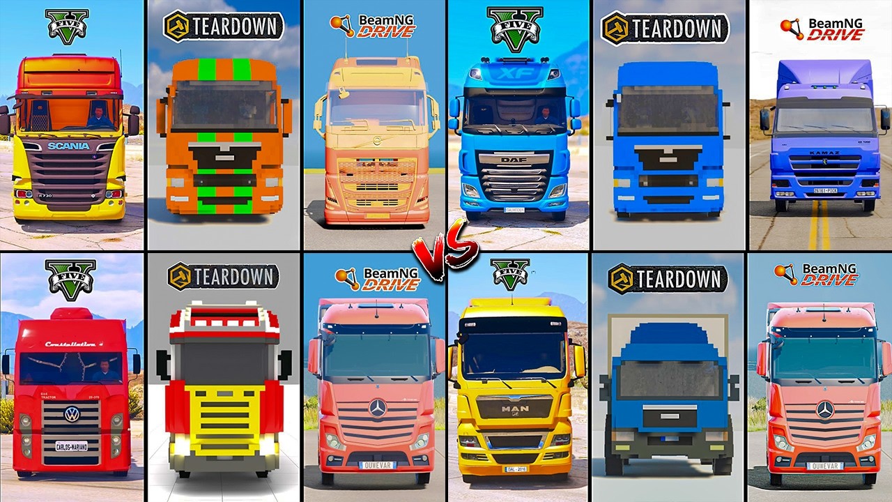 SCANIA TRUCK VS VOLKSWAGEN VS MAN VS ACTROS TRUCK IN TEARDOWN VS BEAMNG - WHICH IS BEST ?