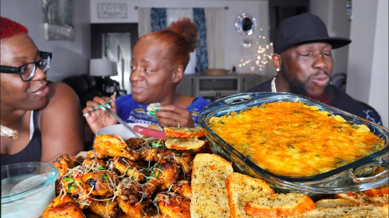 PARMESAN HONEY GARLIC WINGS| CHEESY SPINACH DIP| MUKBANG EATING SHOW!