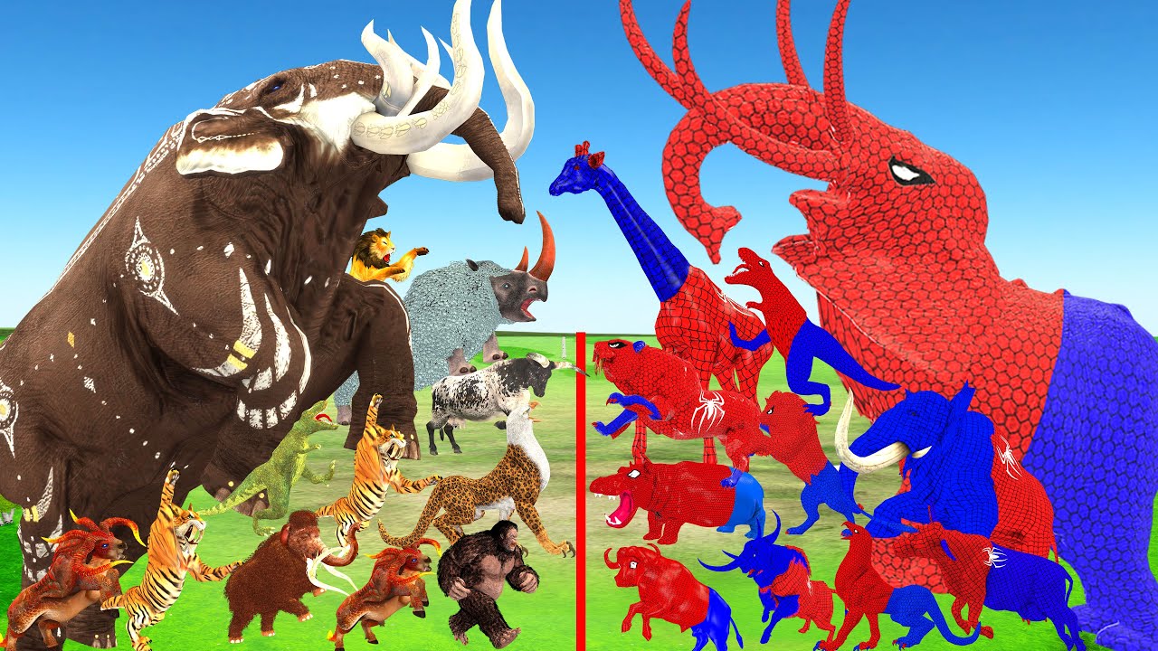 Red Spiderman Animals vs Prehistoric Animals Mammoth T-Rex Versus Spidey Elephant Animal Revolt