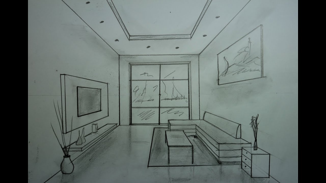 How To Draw Simple Modern Living Room in 1 Point Perspective