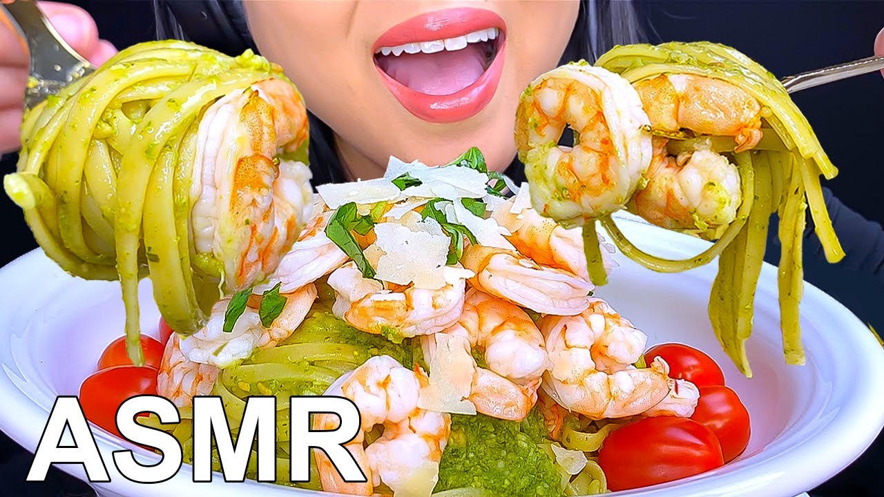 ASMR SHRIMP PESTO LINGUINE PASTA MUKBANG EATING SOUNDS (Eating Show) ASMR Phan