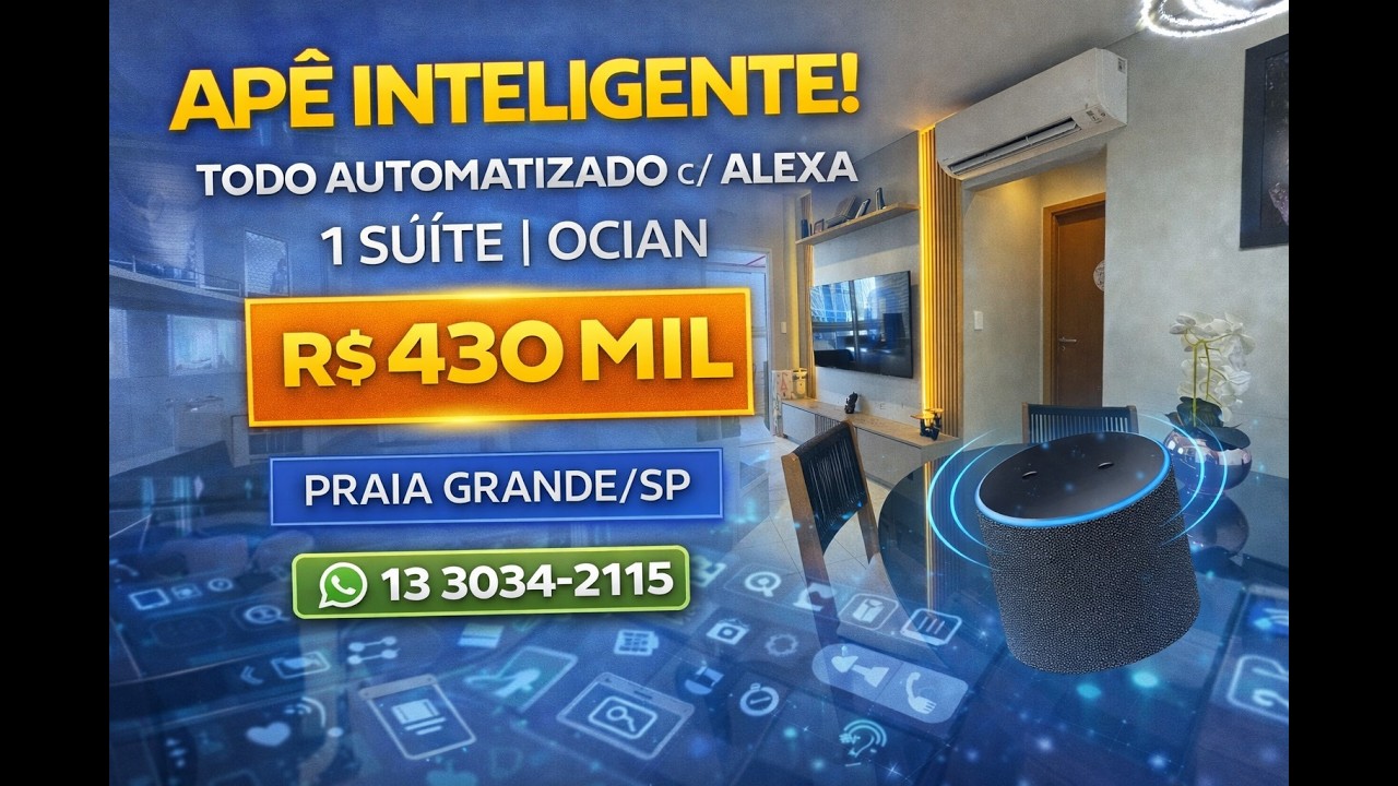 APARTAMENTO AUTOMATIZADO c/ ALEXA! 1 SUÍTE + VARANDA GOURMET | OCIAN | R$ 430 MIL | PRAIA GRANDE SP