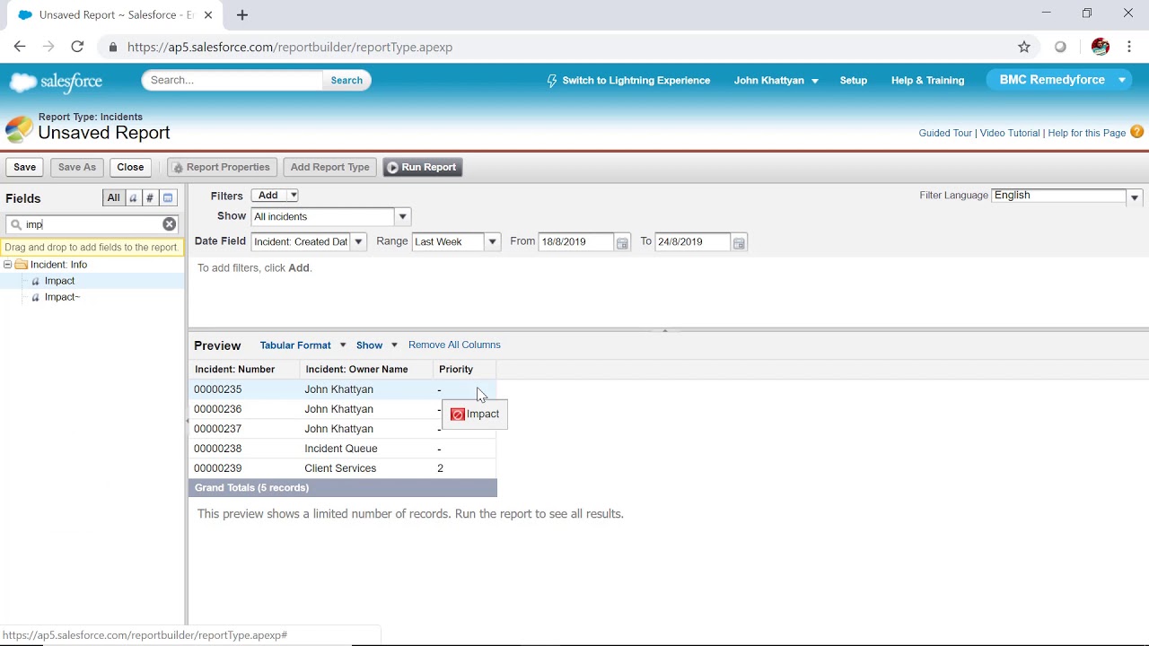 Creating a Report that Returns the Count of BMC Helix Remedyforce Incidents by Week