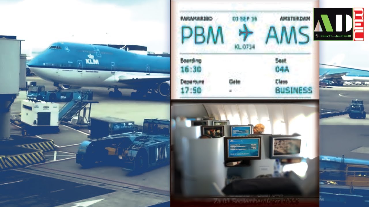 Surinam Paramaribo KLM World Business Class Flight Boeing 747-400 to Amsterdam Crown Lounge.