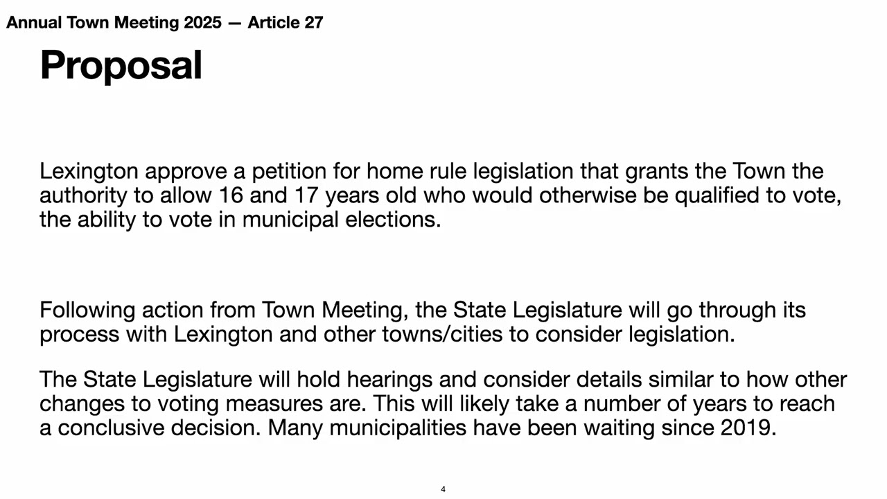 Article 27: Allow 16-year-olds Voting Rights in Municipal Elections (Citizen Petition) (3/24/25)