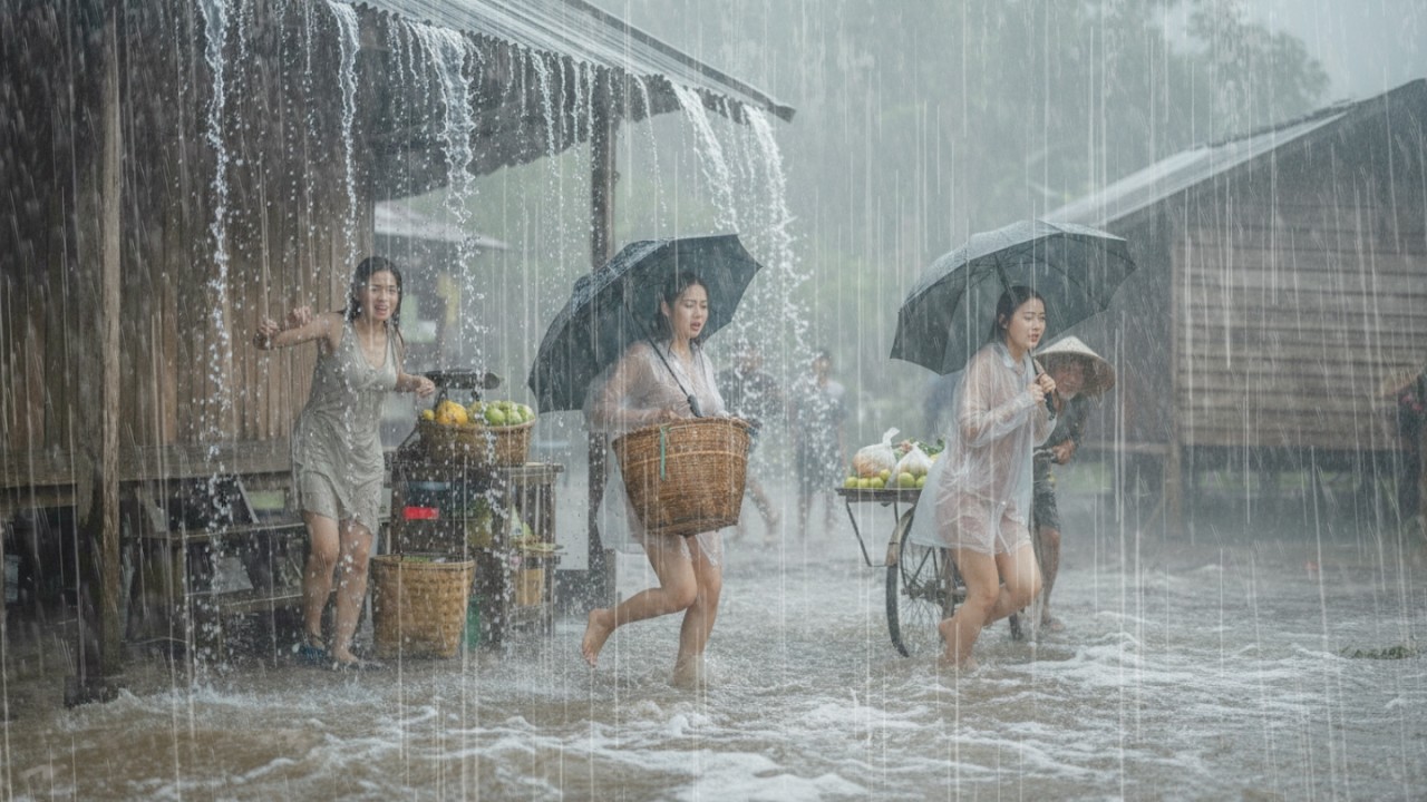 Сможете ли вы справиться с этим дождём? 🌧️ Прогулка под проливным дождем и грозой в индонезийской д
