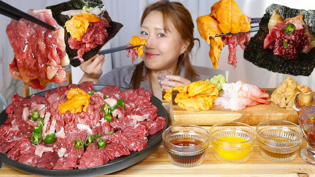 MUKBANG) 한우 차돌박이 육회 뭉티기🥓✨ 성게 단새우랑 같이 소주 한 잔 먹방 Raw beef tartare with sea urchin asmr