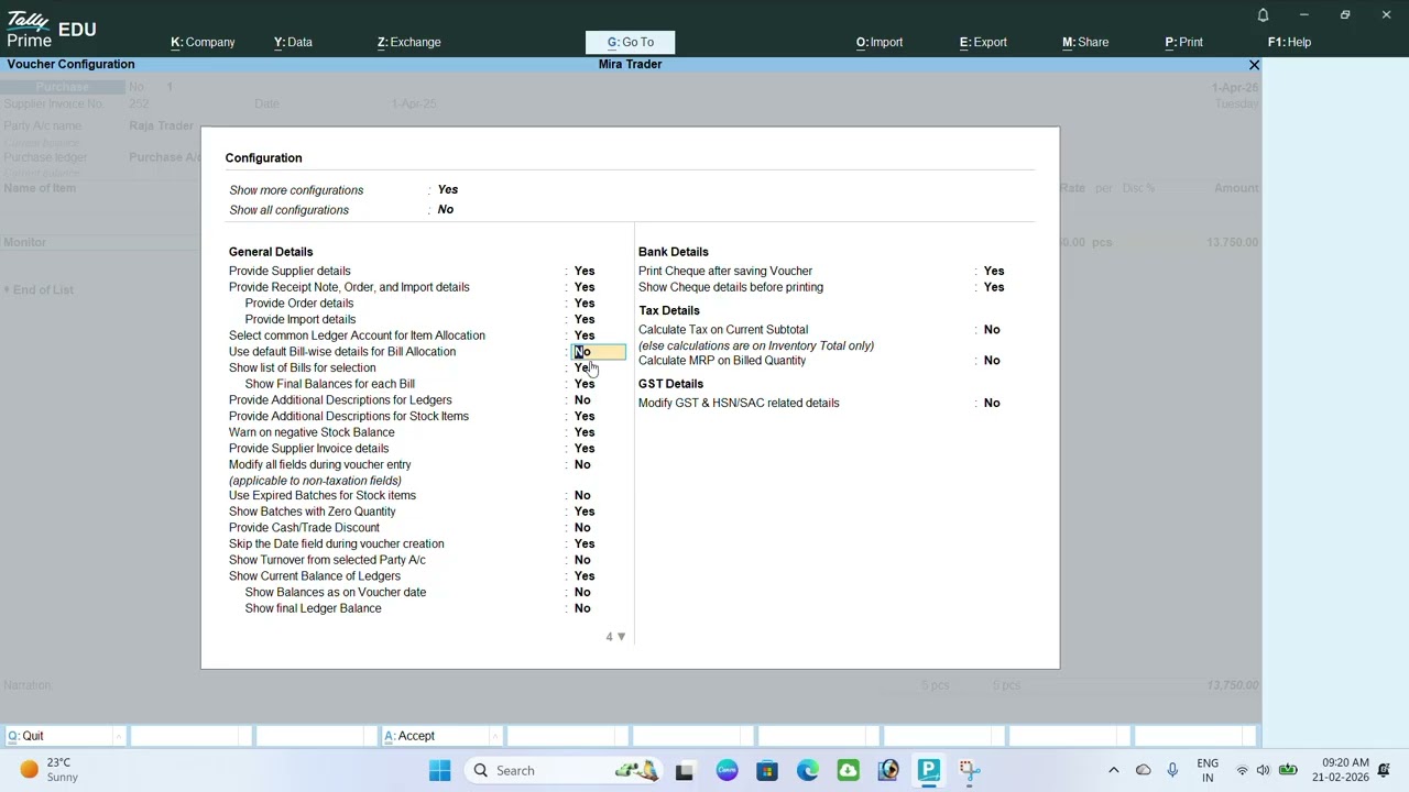 maintain billwise Details in Purchase invoice in tally prime