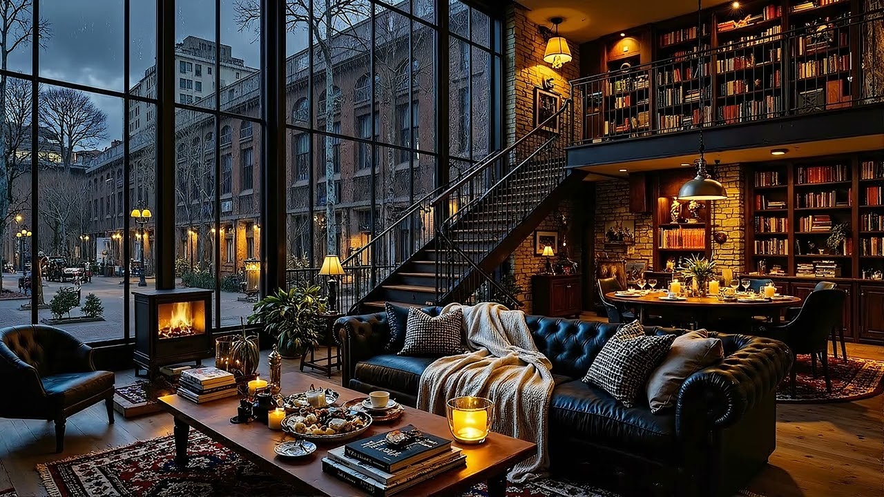 Winter Library Cafe Ambience with Warm Jazz Music ❄️ Relaxing Jazz Piano & Soft Rain for Reading