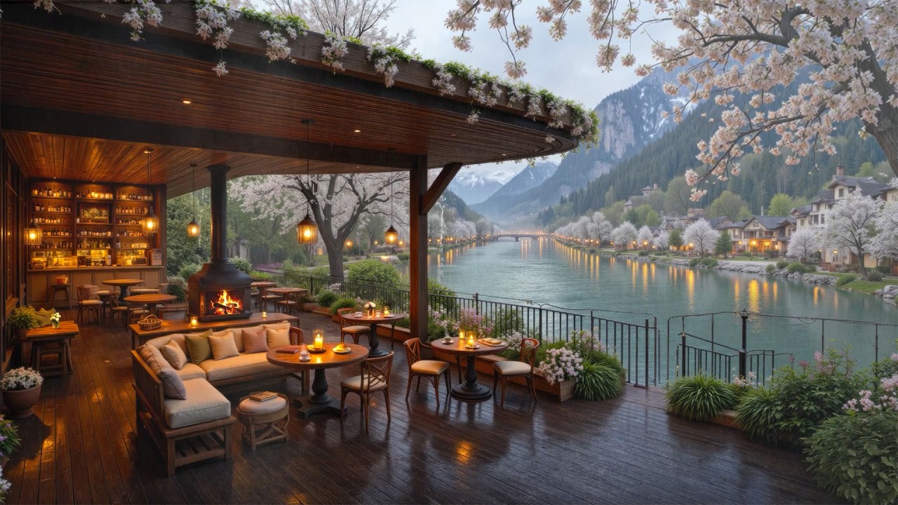 Tranquil Rainy Spring Caf&eacute; Jazz 🌸 Riverside Fireplace Ambience with Smooth Jazz for for Calm & Relax