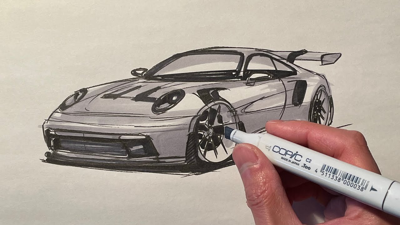 カースケッチをじっくり見たい方向け【 コピックマーカーで描くポルシェ911 GT3 】［ 6倍速再生 ］