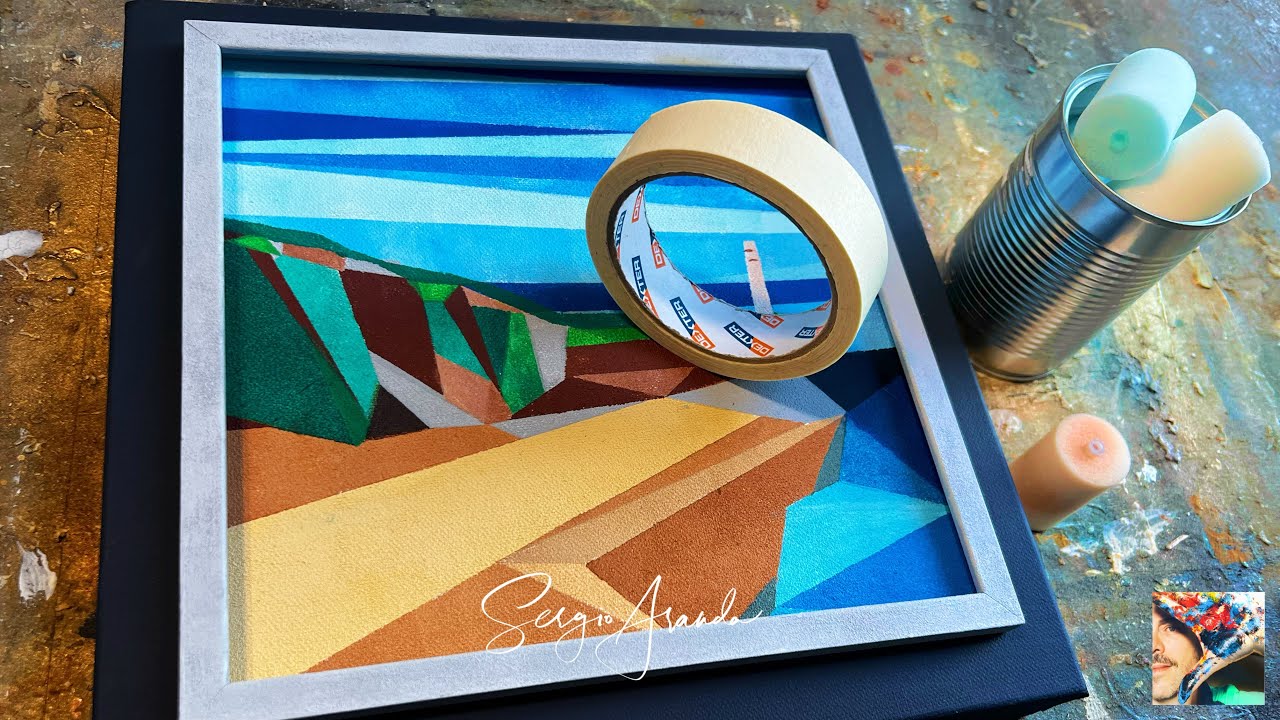 Unveiling a mesmerizingly colorful geometric sea landscape inspired by cubism, with masking tape!