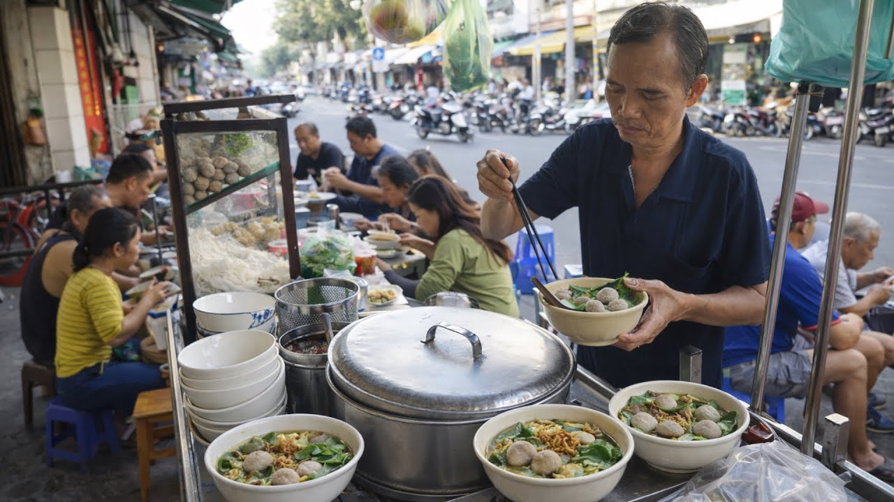 Xe hủ tiếu bò viên gốc Hoa 35k/tô vừa cập bến khách đã đông kín ở vỉa hè Sài Gòn