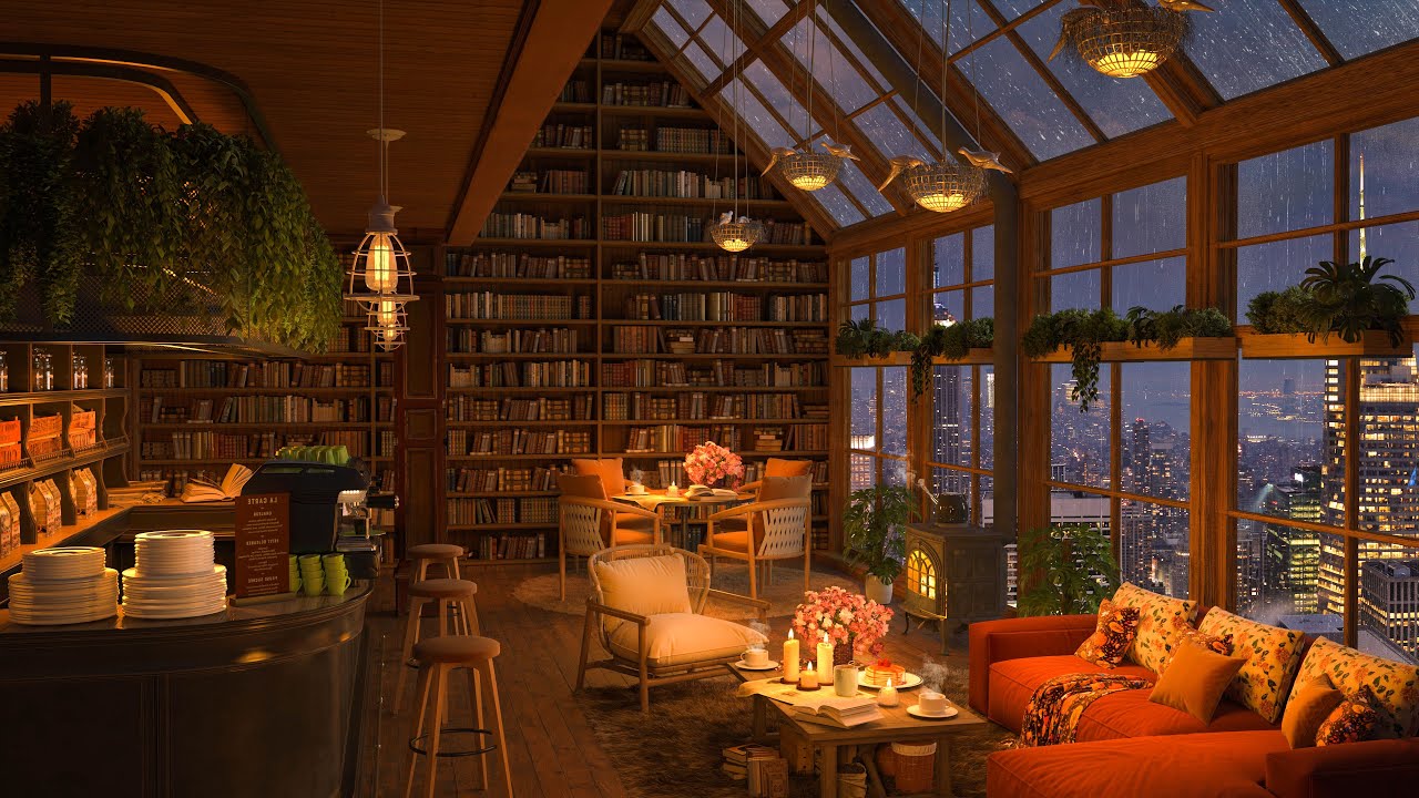 🌧️ Cozy Rain at Coffee Shop Ambience of New York City & Smooth Piano Jazz Music for Study, Work